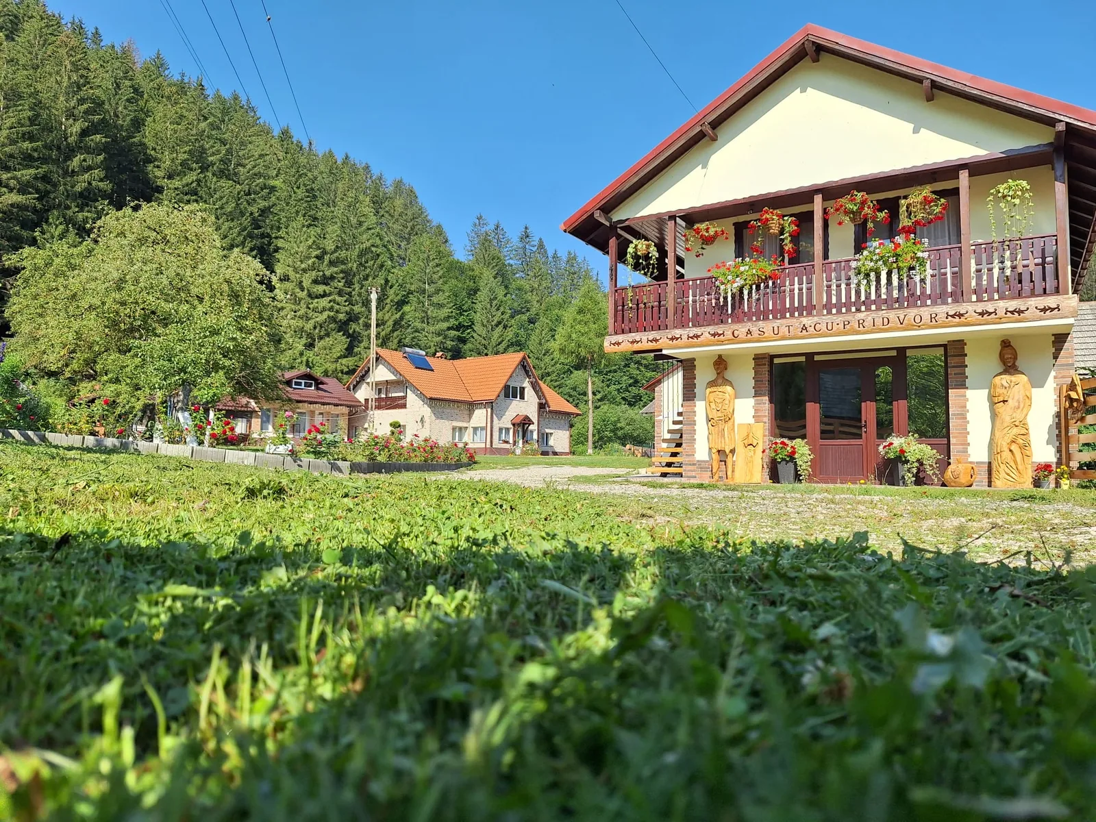 Căsuța cu Pridvor, cu flori la balcon și pădurea în spatele grădinii